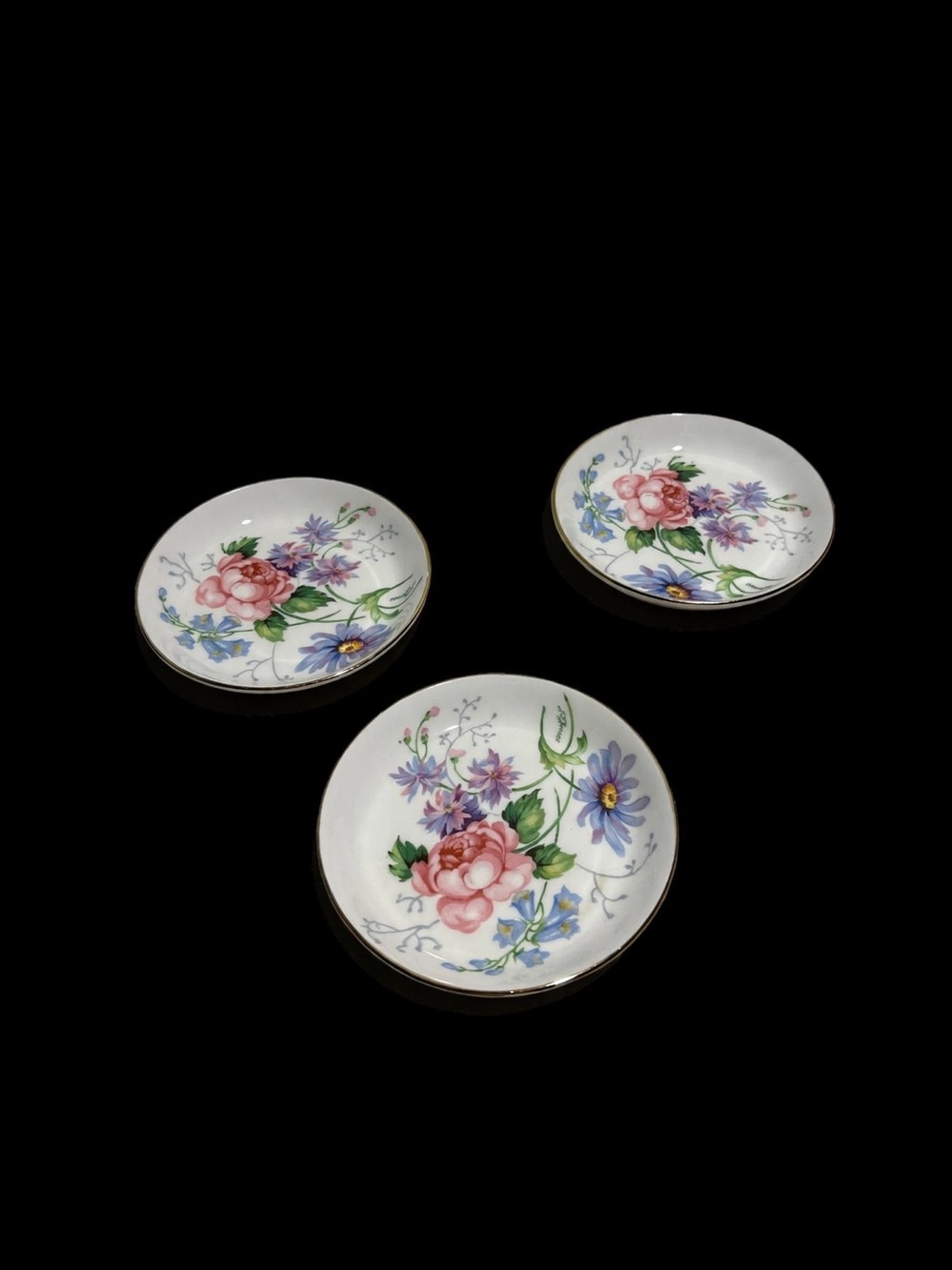 Crown Staffordshire England Set of 3 Floral Pin Dishes Fine Bone China Rose